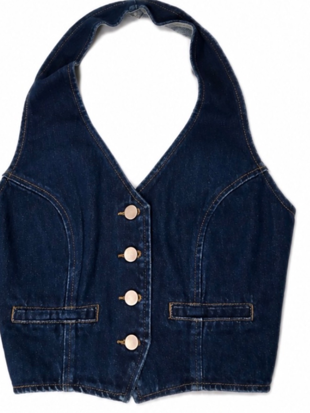 NWT WALTON VEST Halter Neck Button Down Crop Recycled Denim Vest In Indigo Wash - Picture 2 of 3